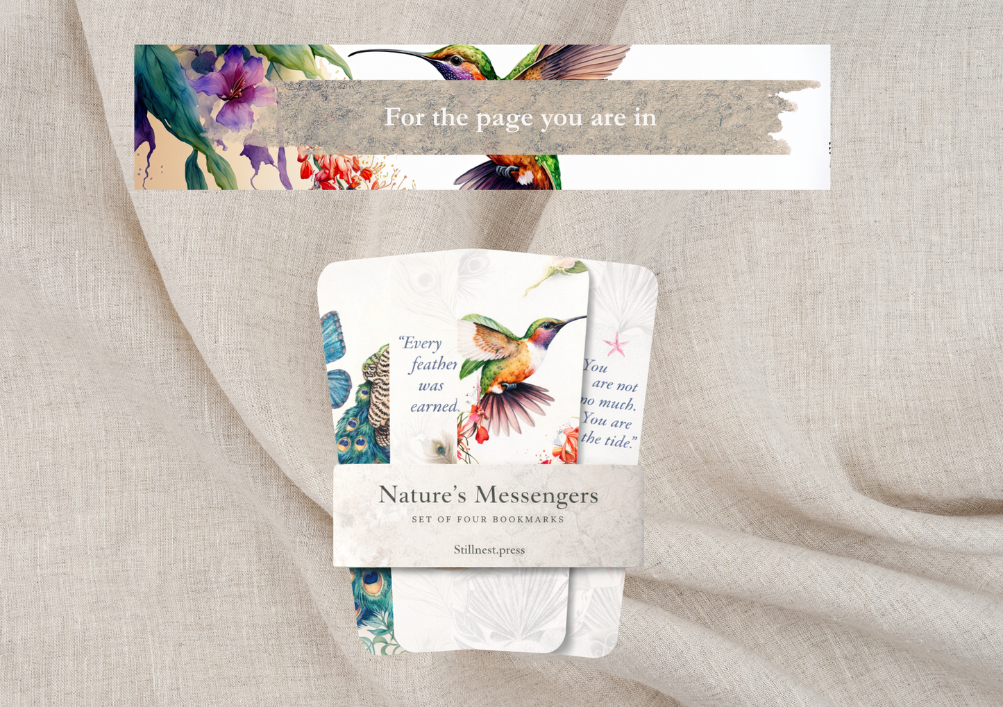 Packaging of Nature's Messengers with floral and bird design on a textured fabric background