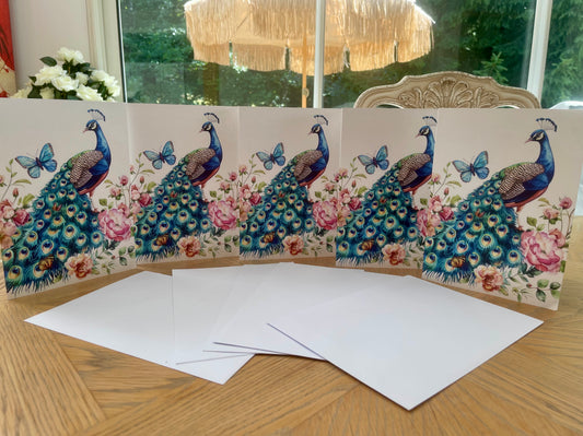 Peacock  Note Cards with Envelopes - set of 5 - A5